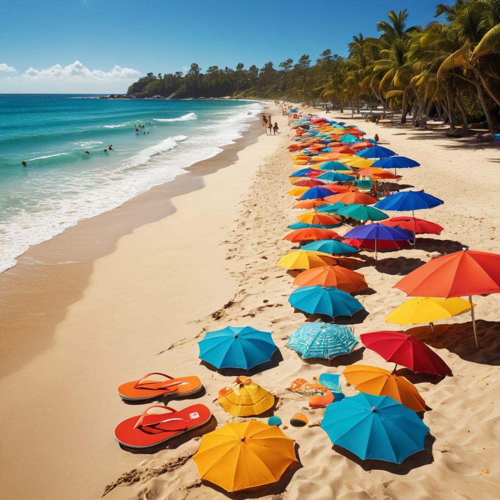 A vibrant beach scene showcasing diverse individuals in bold and stylish swimwear, reflecting different personalities and vibes. Include colorful beach umbrellas, lively ocean waves, and beach accessories like sunglasses and flip-flops. Emphasize a sense of fun, confidence, and self-expression, with the sun shining brightly overhead. super-realistic. vivid colors. tropical setting.